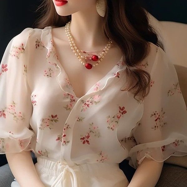Womens Floral V-Neck Short-Sleeve Shirt - الصورة 2