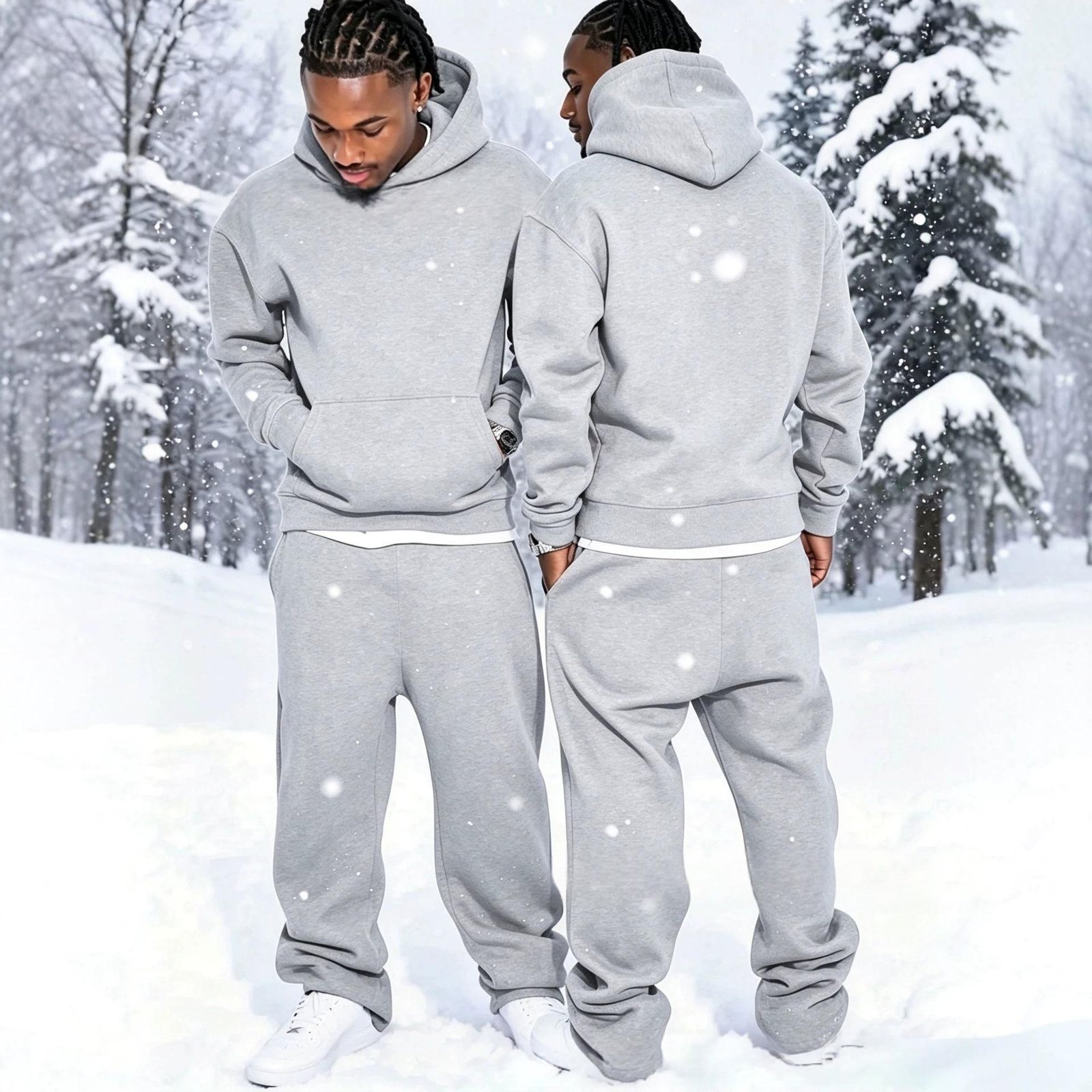 Solid-color Fleece-lined Hoodie And Wide-leg Straight-leg Pants Set - الصورة 5