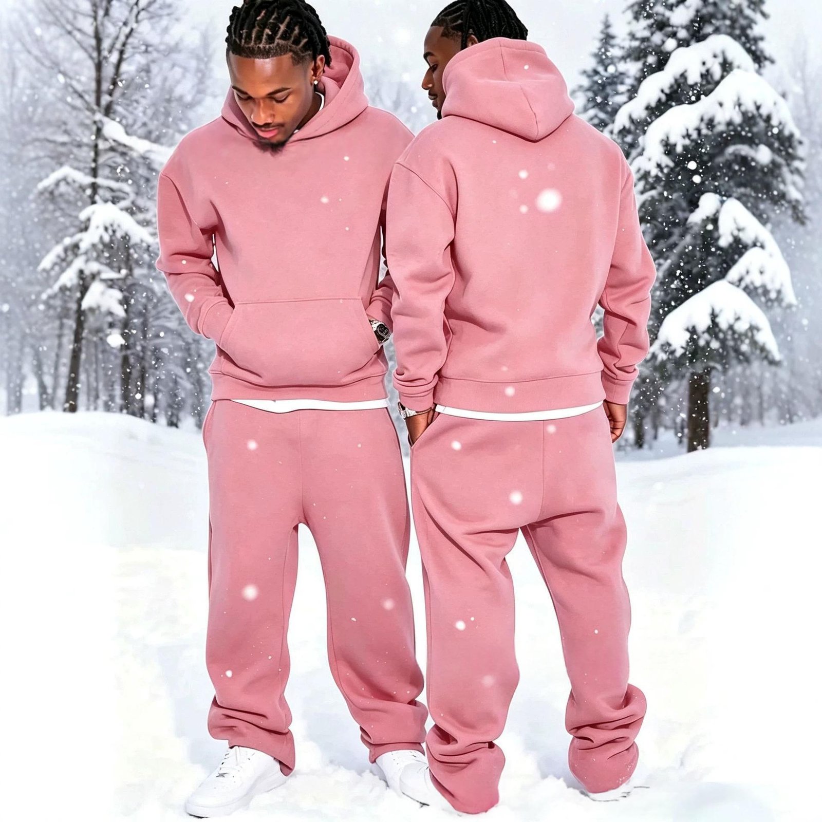 Solid-color Fleece-lined Hoodie And Wide-leg Straight-leg Pants Set - الصورة 8