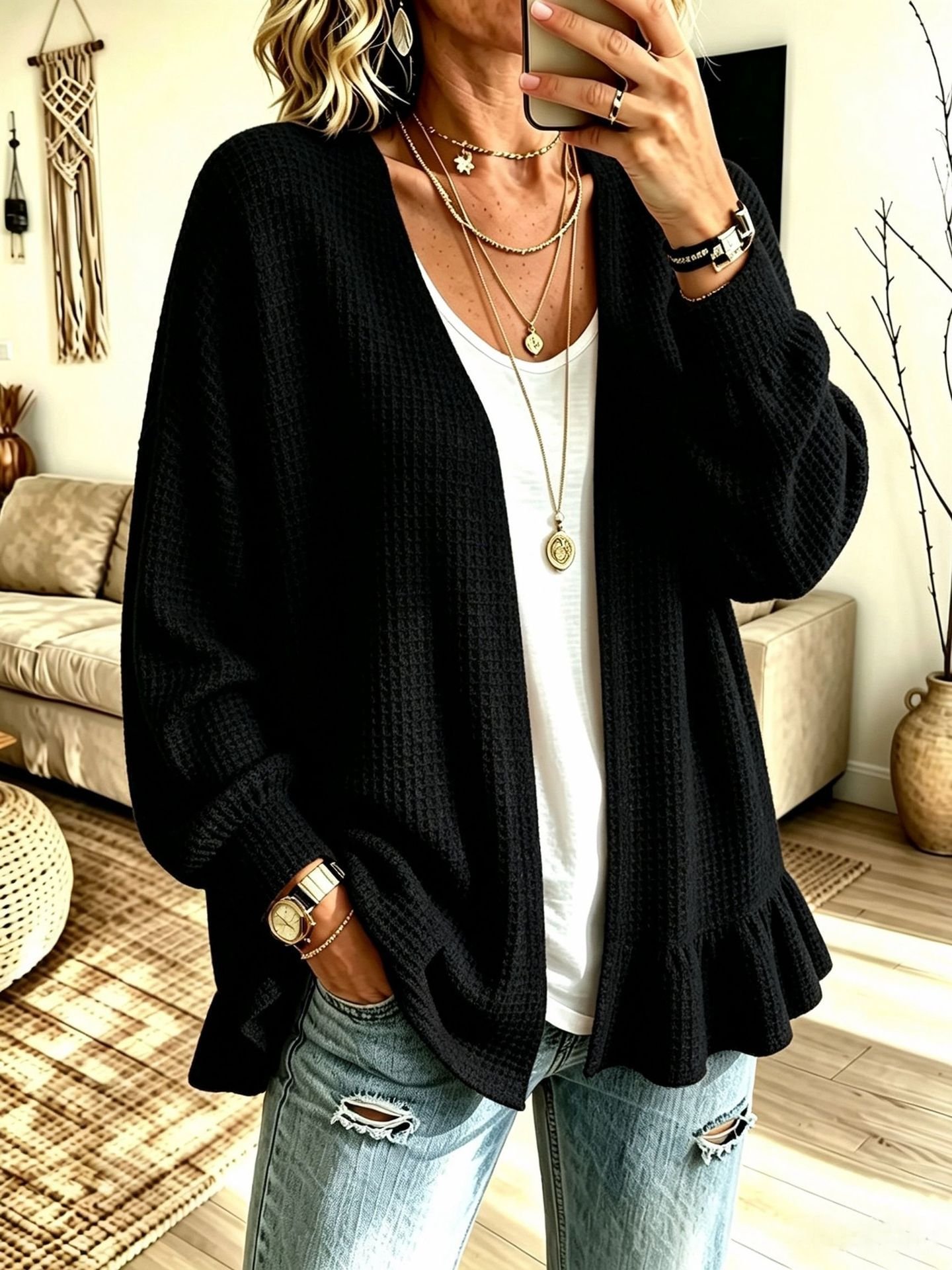Women's Waffle-knit Cardigan With A Ruffled Hem - الصورة 3