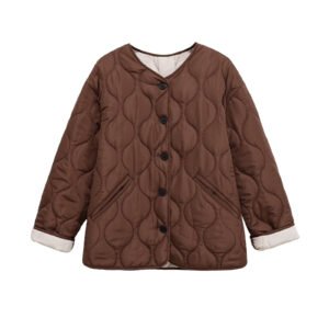 Dark Brown Crew-neck Long-sleeve Cotton Jacket