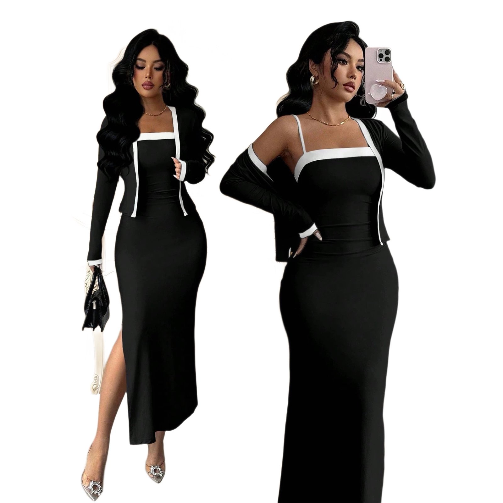 Elegant Black-and-white Color-blocked Coat And Slip Dress Two-piece Set - الصورة 4