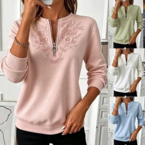 Women's Pullover Embroidered Half-Zip Casual Long-Sleeve Top