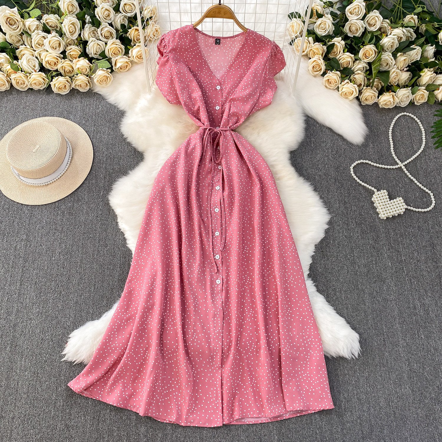 Womens Solid-Color Polka-Dot V-Neck Short-Sleeve Dress - الصورة 2