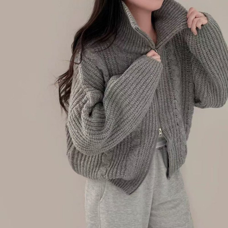 Double-zip Long-sleeve Knitted Cardigan Sweater Coat - الصورة 4
