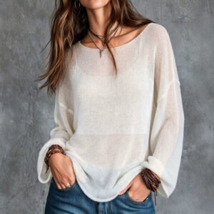 Spring And Autumn Round-Neck Long-Sleeved See-Through Lightweight Sweater