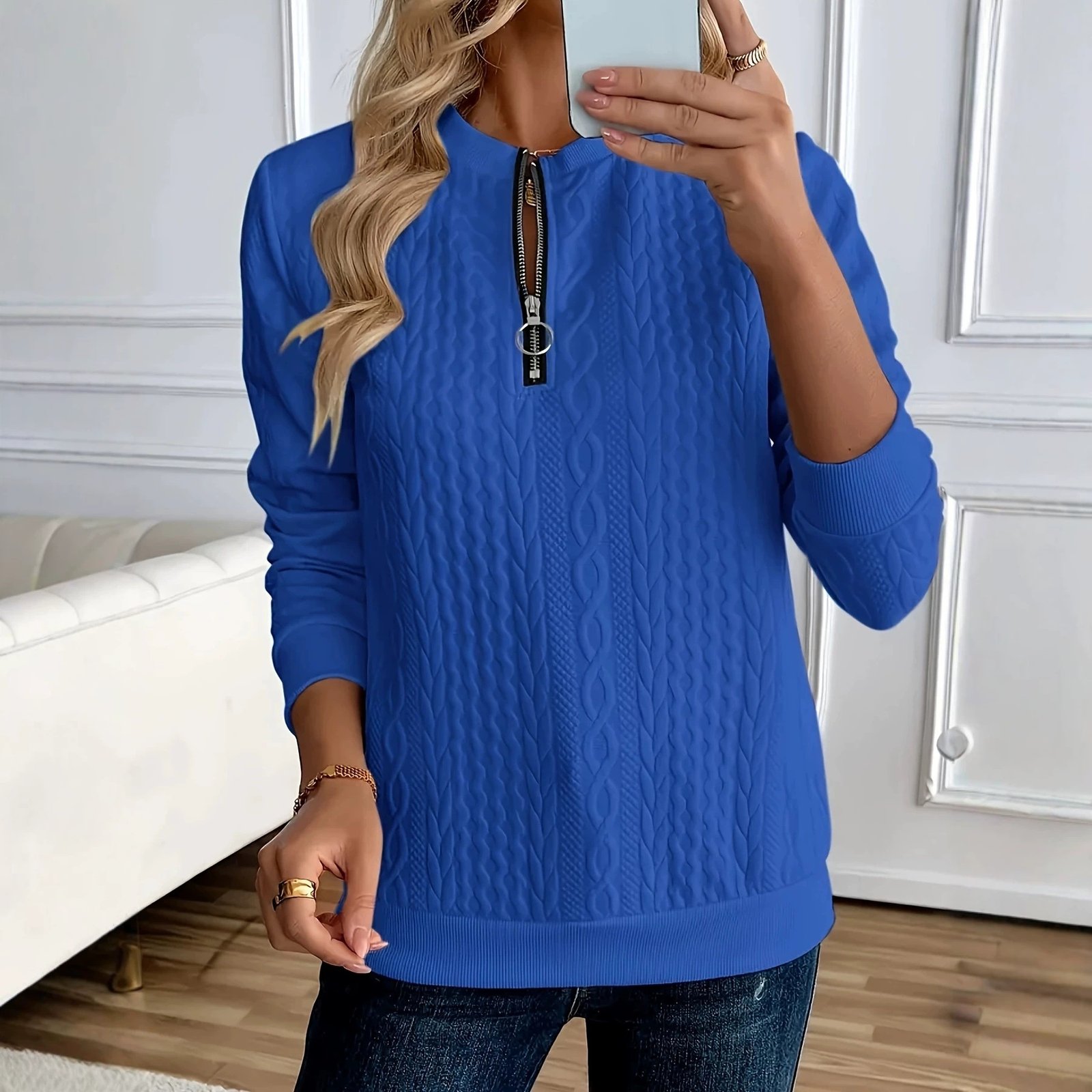 Womens Casual Solid-color Zip-up Crew-neck Top - الصورة 3