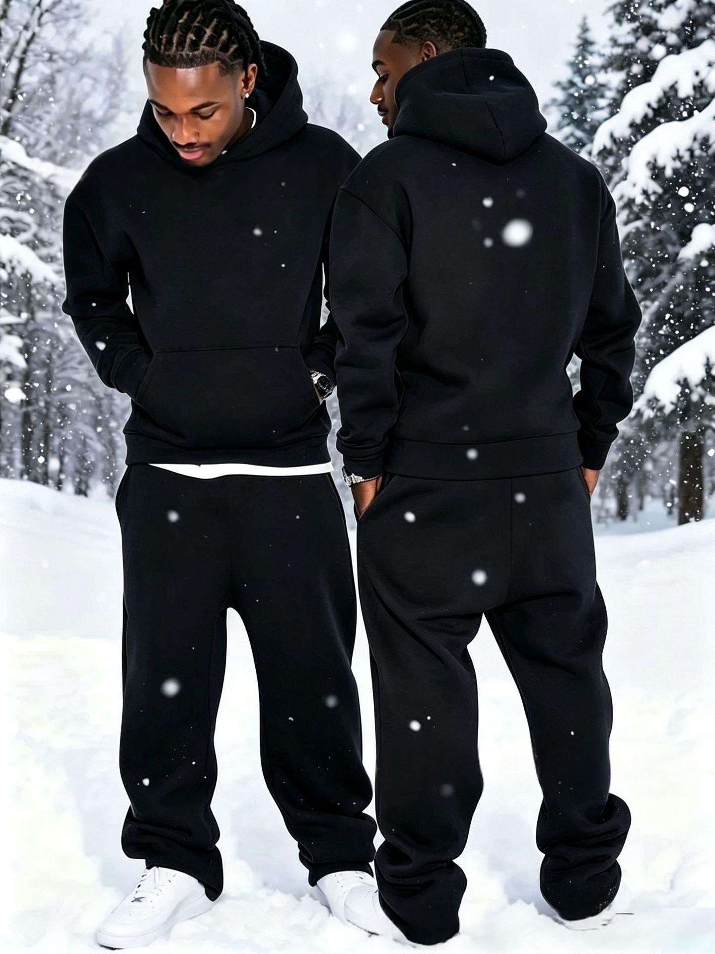 Solid-color Fleece-lined Hoodie And Wide-leg Straight-leg Pants Set - الصورة 10