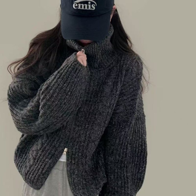 Double-zip Long-sleeve Knitted Cardigan Sweater Coat - الصورة 2