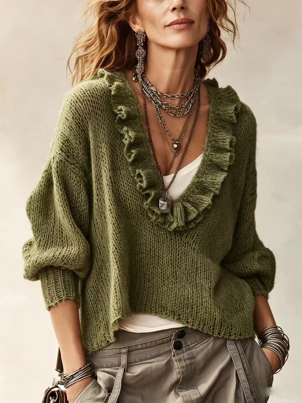 Ruffle-trimmed V-neck Knitted Top Short Sweater For Women - الصورة 7