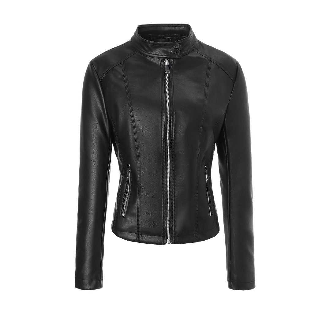 Women's Stand-collar Zip-up Biker PU Leather Jacket - الصورة 4