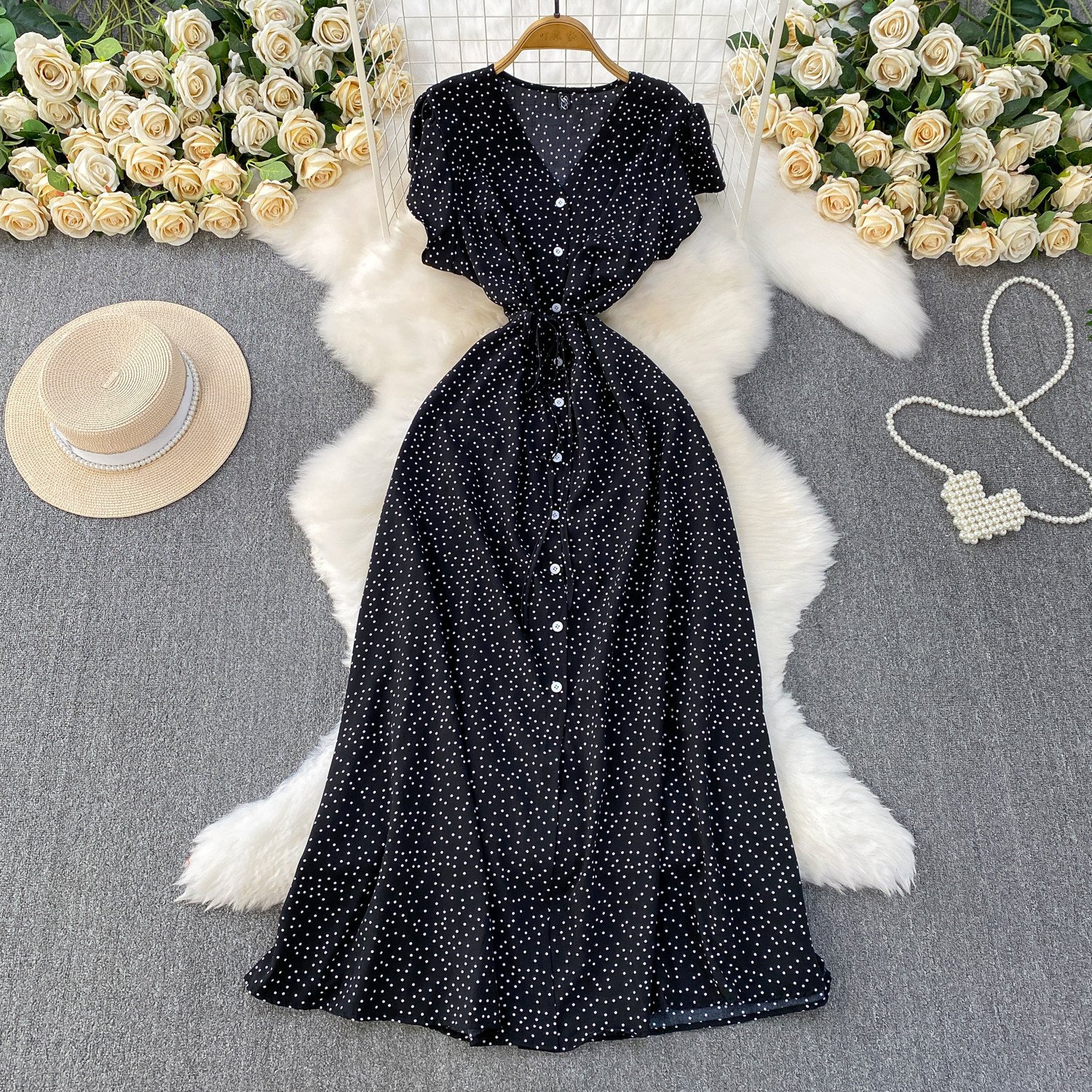 Womens Solid-Color Polka-Dot V-Neck Short-Sleeve Dress - الصورة 4
