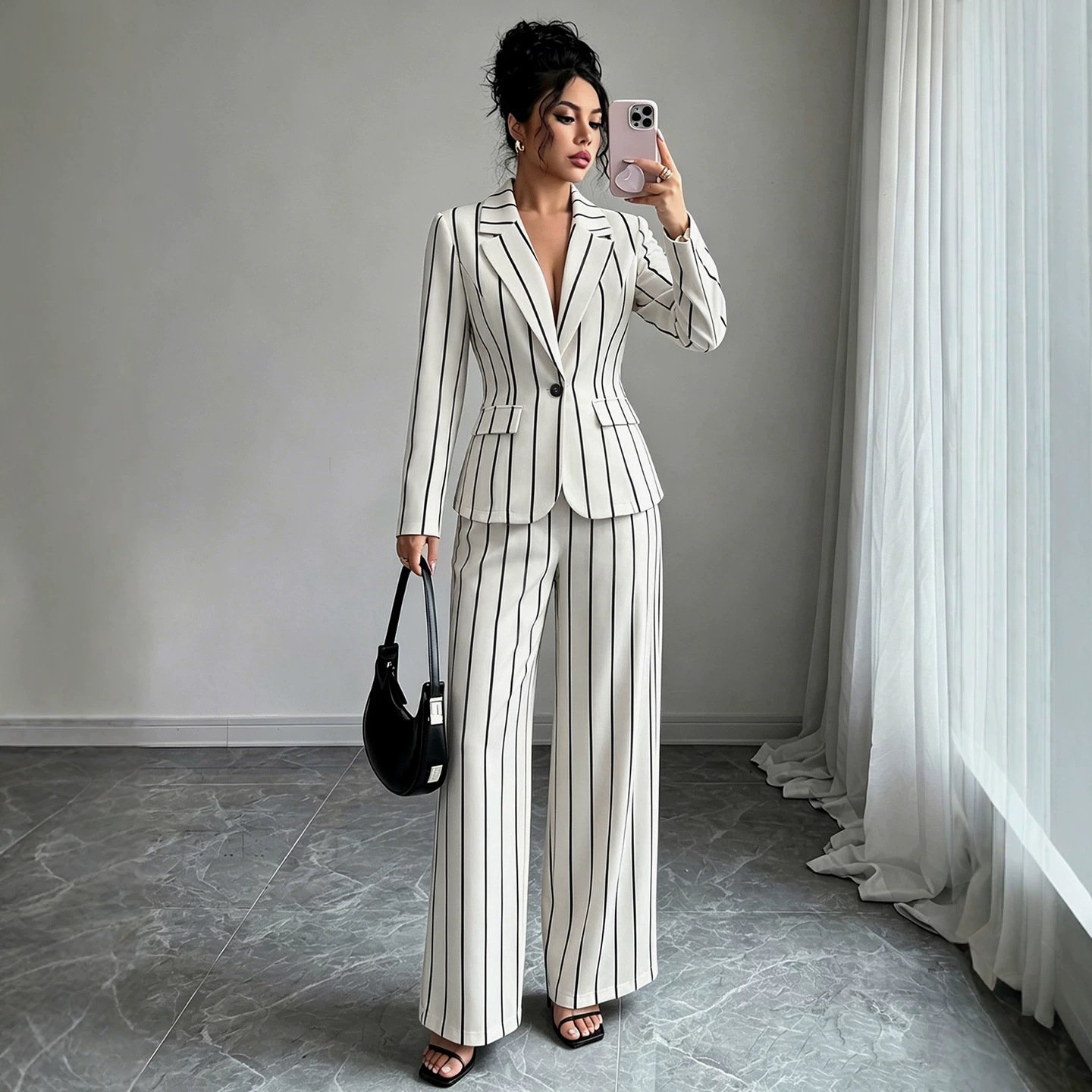 Elegant Vertical-striped Coat And High-waisted Wide-leg Pants For Women - الصورة 3