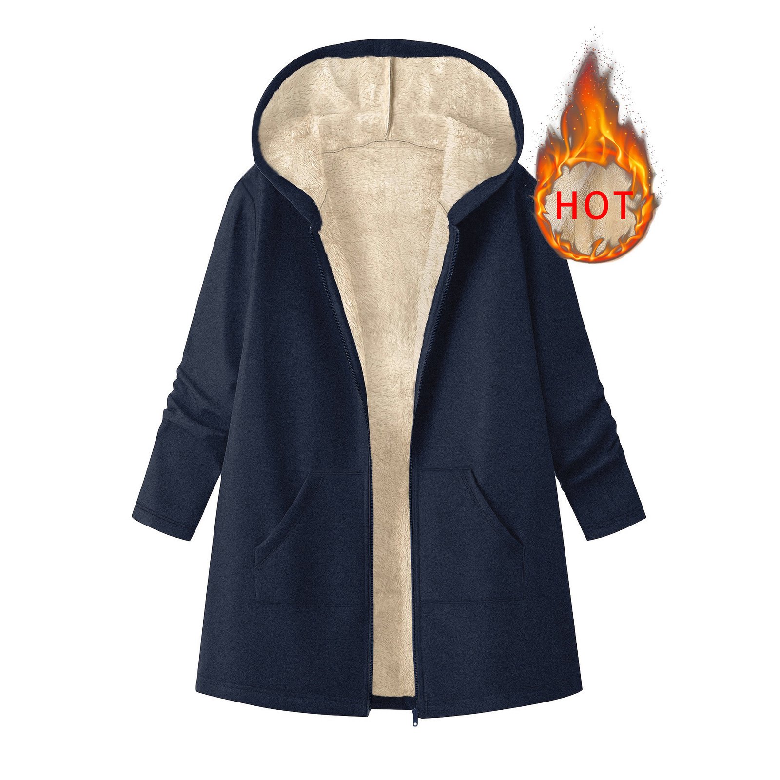 Women's Solid-Color Fleece-Lined Warm Mid-Length Hooded Coat - الصورة 5