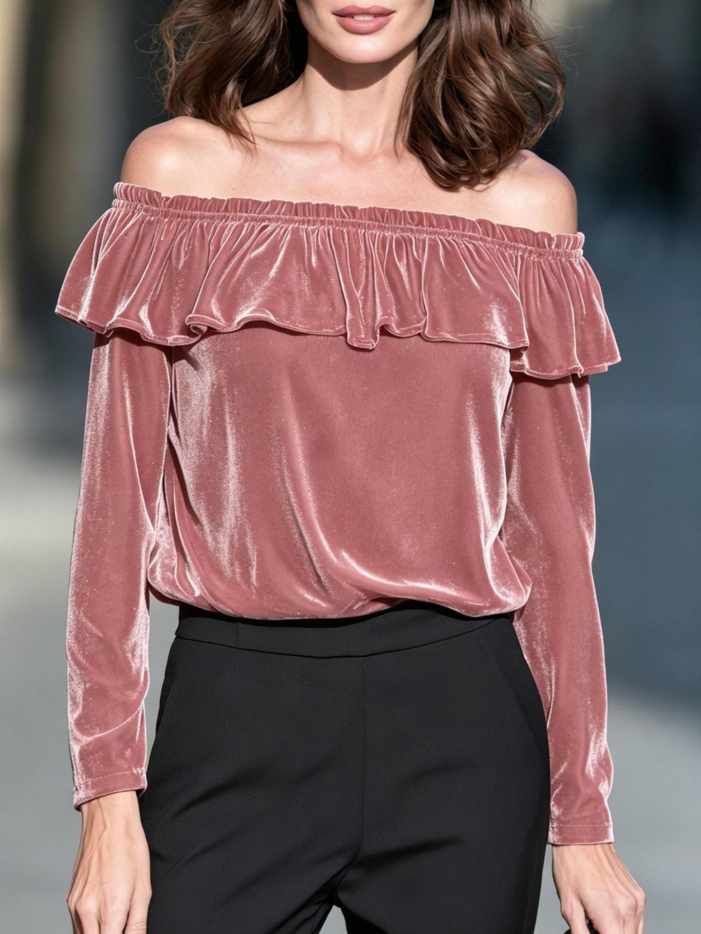New Autumnwinter Off-shoulder Velvet Long-sleeve Top With Ruffled Hem - الصورة 7