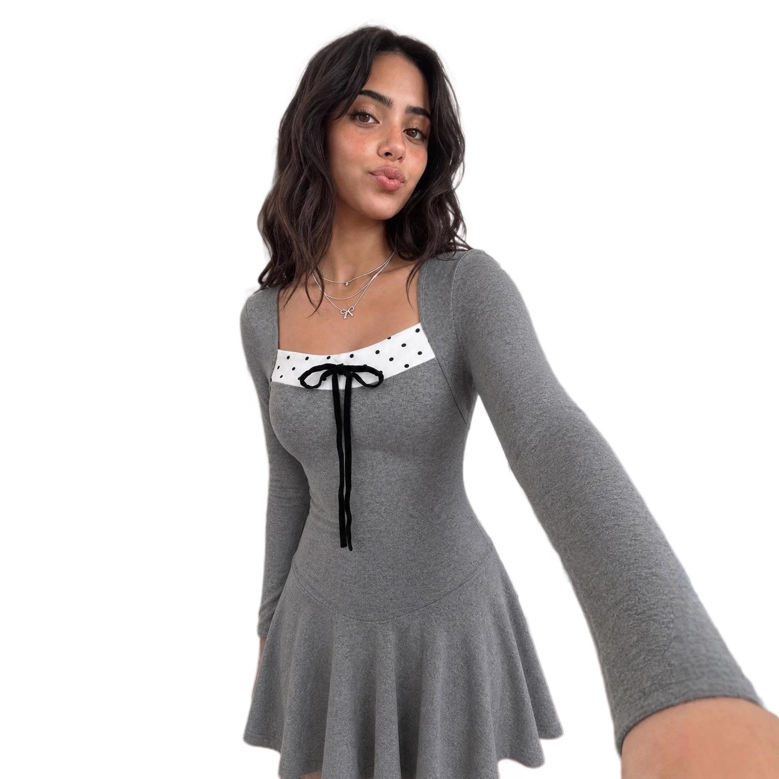 New Arrival Square-neck Long-sleeve Polka-dot Dress That Flatters - الصورة 5