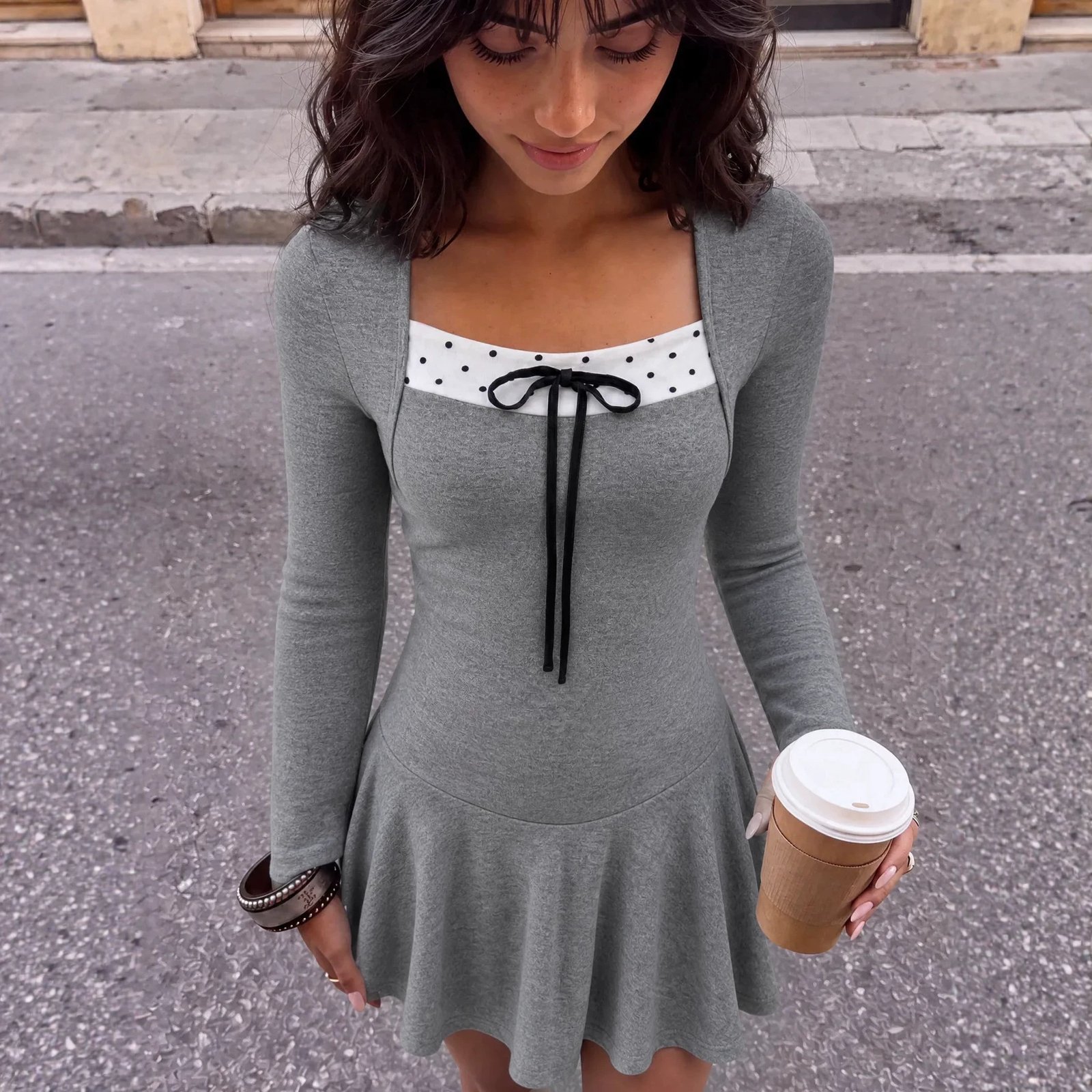 New Arrival Square-neck Long-sleeve Polka-dot Dress That Flatters - الصورة 4