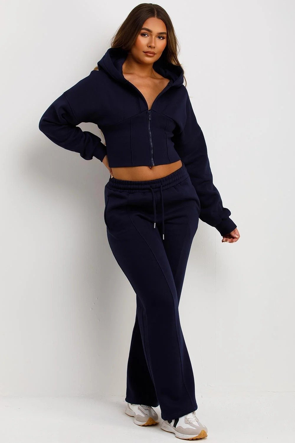 New Autumnwinter Long-sleeve Pants Set With Ribbed Patchwork And A Hooded Cardigan For Women - الصورة 6