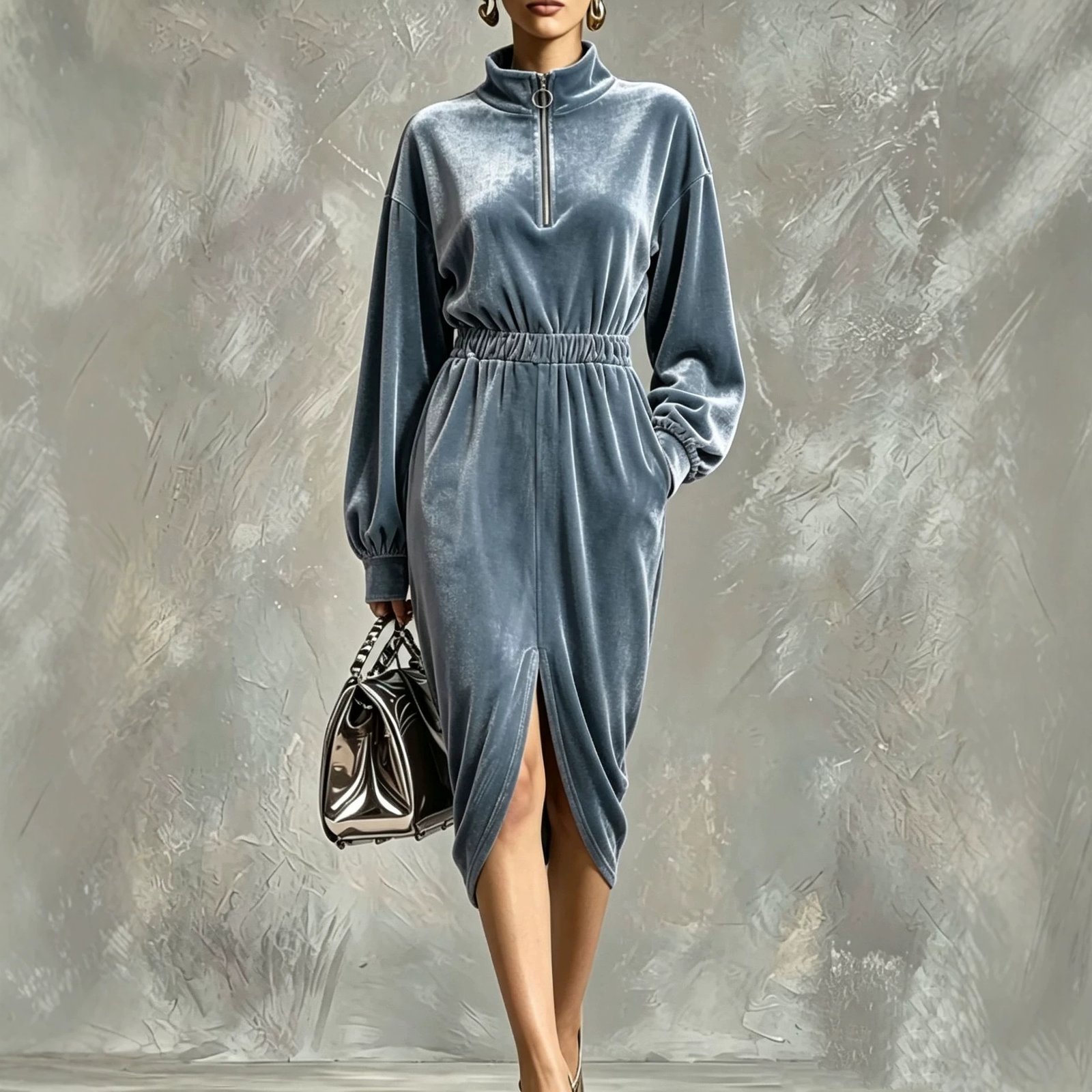 Women's Fashion Velvet Zip-front Waist-cinching Long-sleeve Dress - الصورة 3