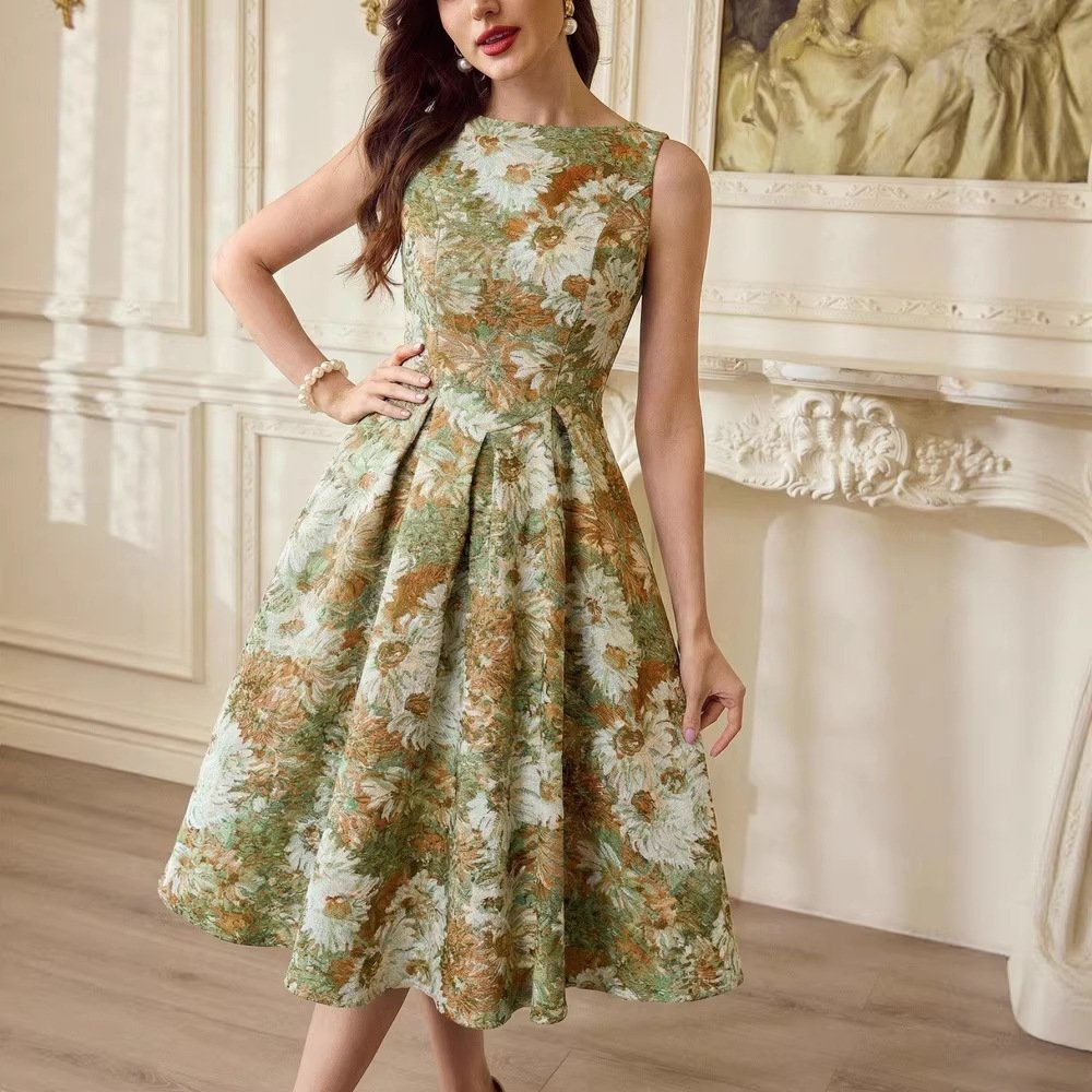 French-style Women's Retro Oil-painting Sleeveless Dress - الصورة 9