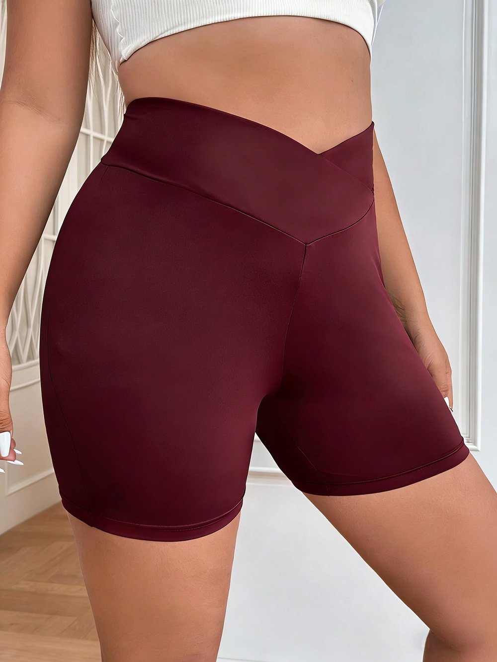 Plus Size Crossover High Waisted Biker Shorts For Women, Tummy Control Yoga Shorts, Butt Lifting Compression Workout Athletic Shorts, Gym Running Shorts - الصورة 5