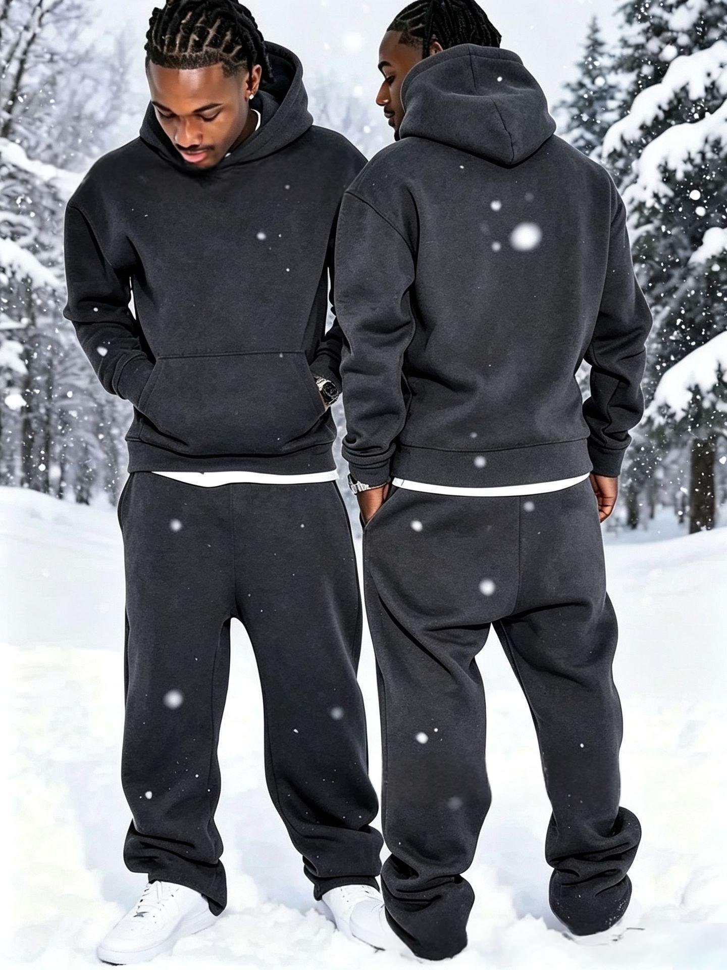 Solid-color Fleece-lined Hoodie And Wide-leg Straight-leg Pants Set - الصورة 2