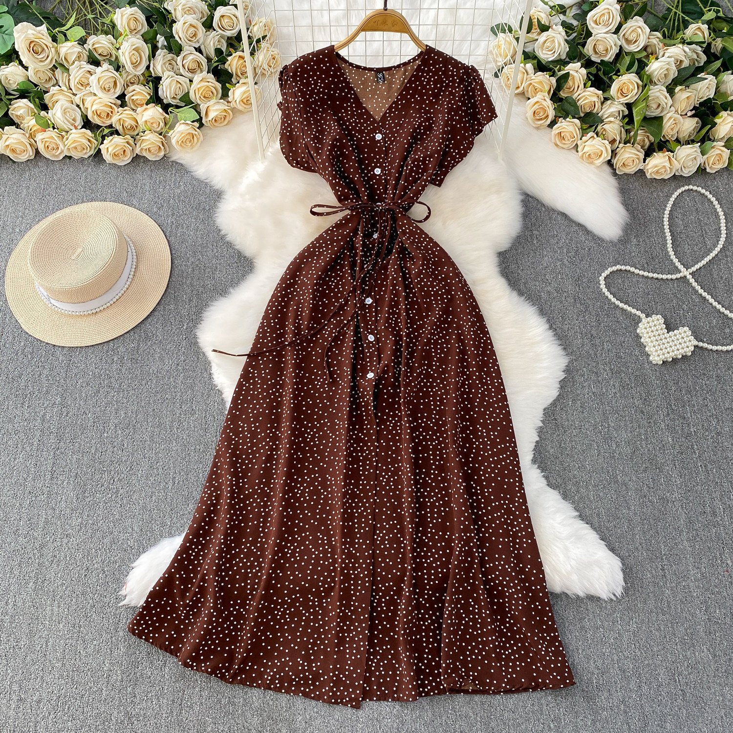 Womens Solid-Color Polka-Dot V-Neck Short-Sleeve Dress - الصورة 8