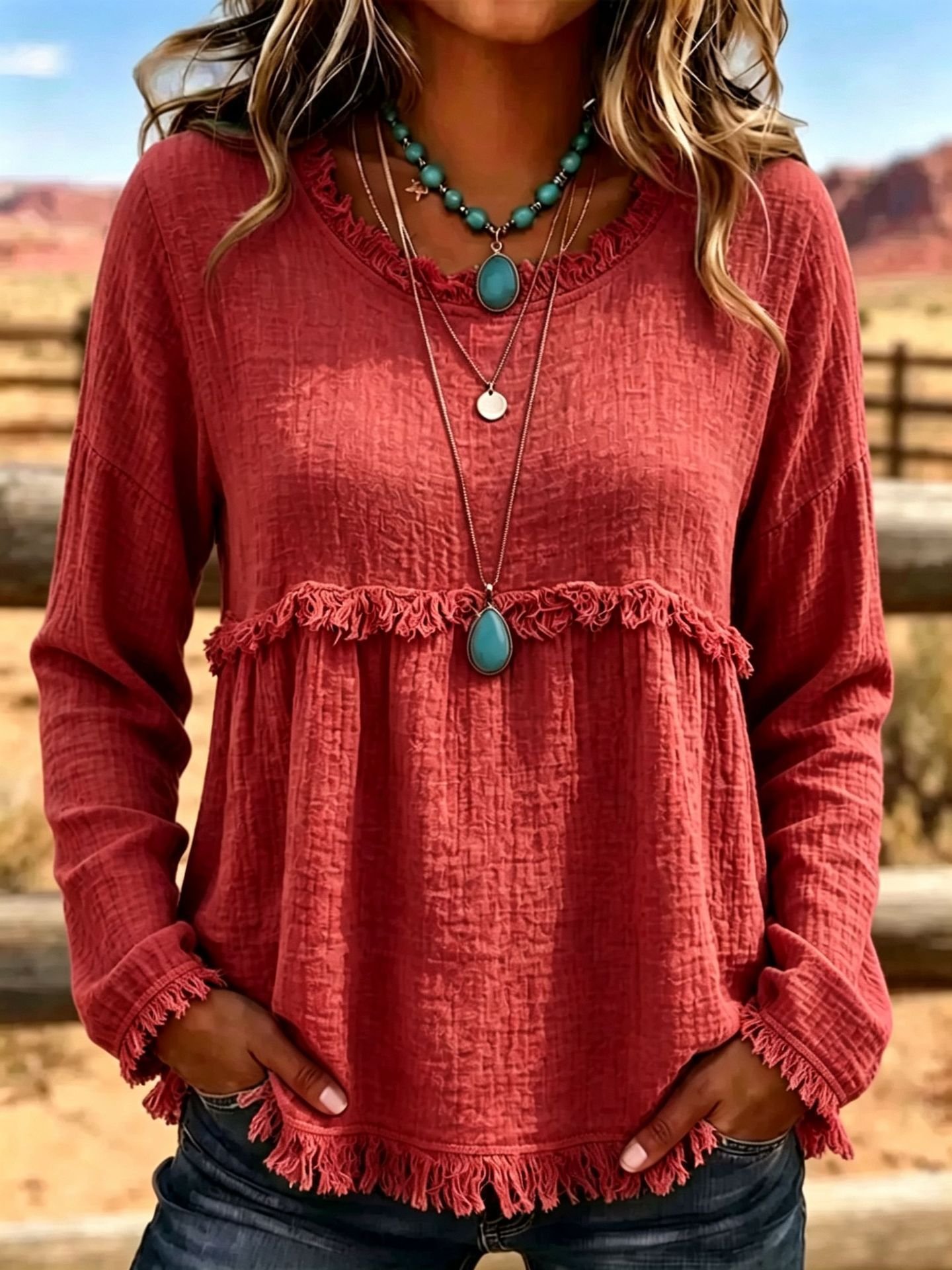 Tasseled Vintage Crew-neck Top Chic Long-sleeve Shirt - الصورة 3