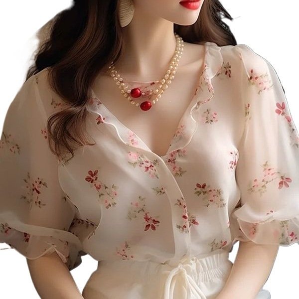 Womens Floral V-Neck Short-Sleeve Shirt - الصورة 4