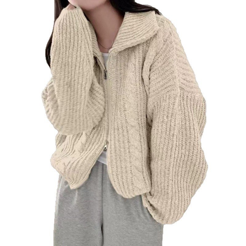 Double-zip Long-sleeve Knitted Cardigan Sweater Coat - الصورة 5