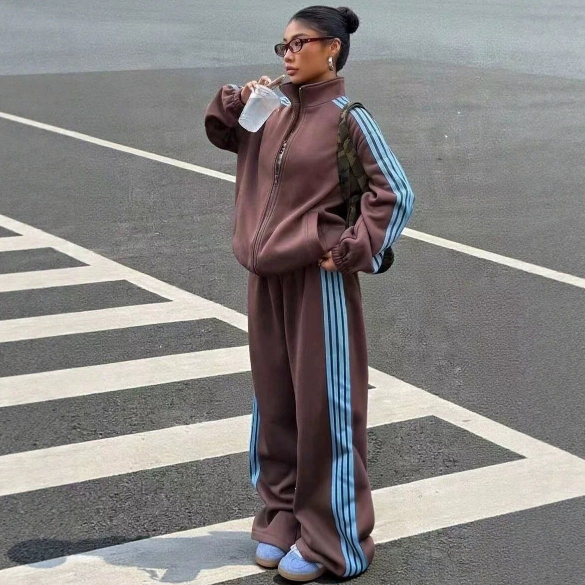 Color-block Striped Jacket And Pants Womens Sportswear Set - الصورة 6