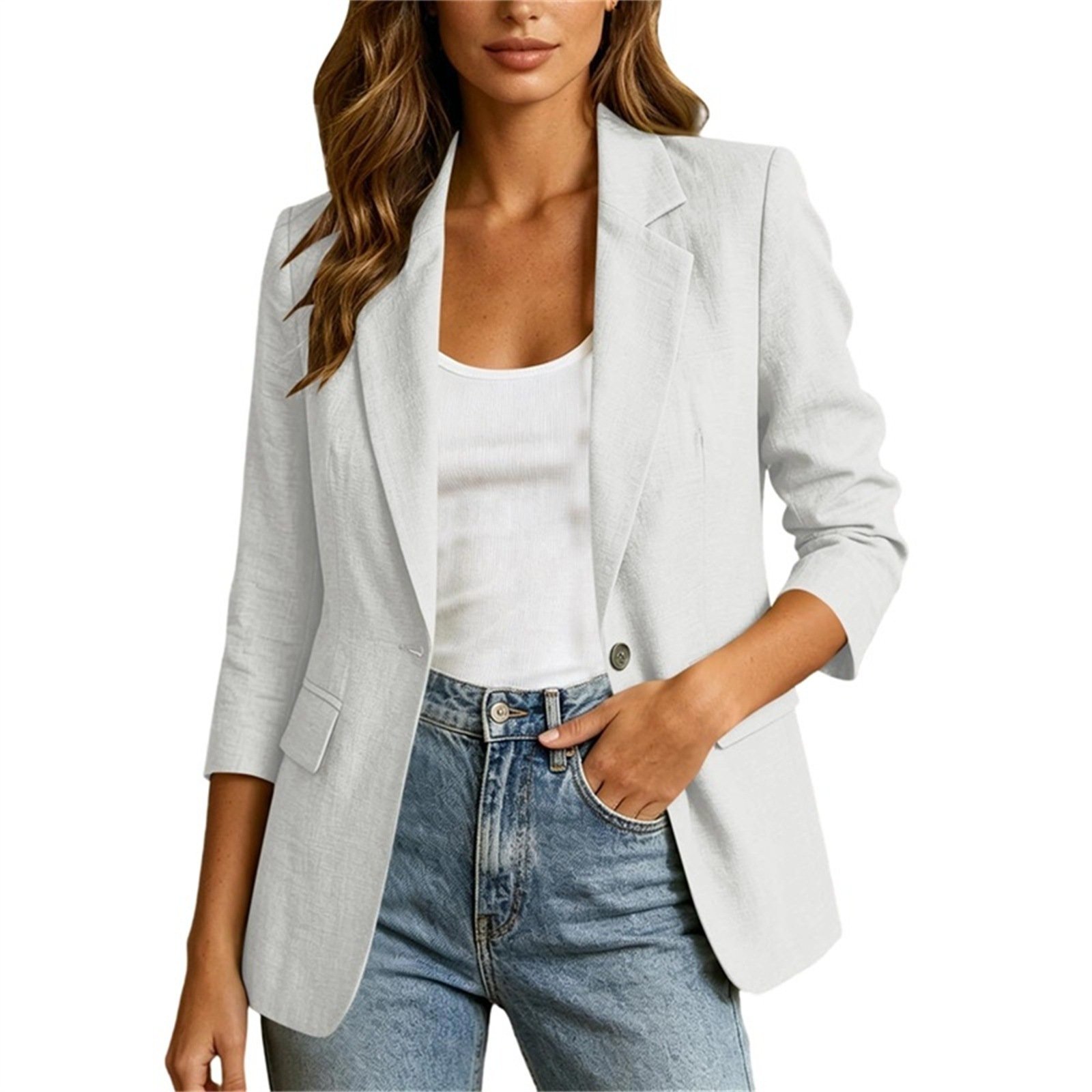 Solid-color Single-button Blazer With A Lapel Collar - الصورة 3
