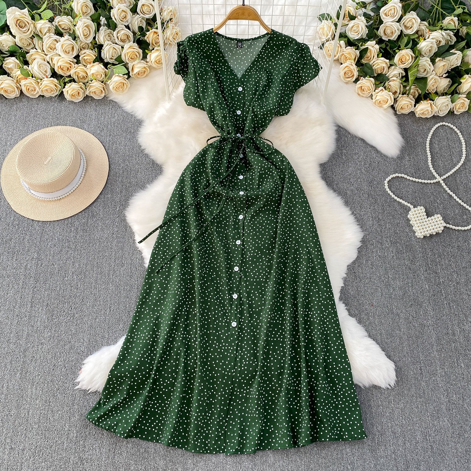 Womens Solid-Color Polka-Dot V-Neck Short-Sleeve Dress - الصورة 5