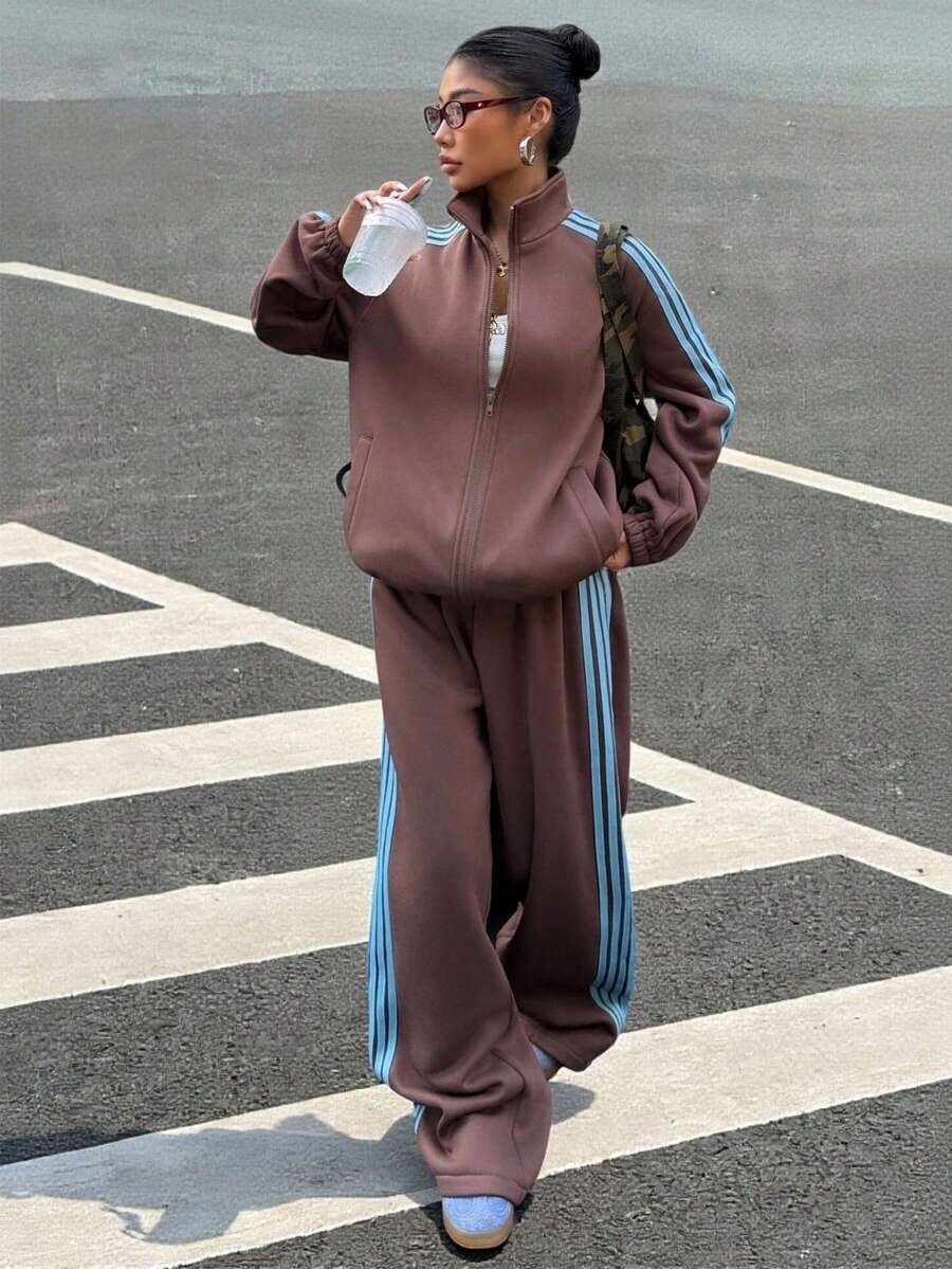 Color-block Striped Jacket And Pants Womens Sportswear Set - الصورة 3