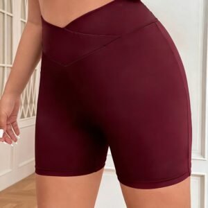 Plus Size Crossover High Waisted Biker Shorts For Women, Tummy Control Yoga Shorts, Butt Lifting Compression Workout Athletic Shorts, Gym Running Shorts