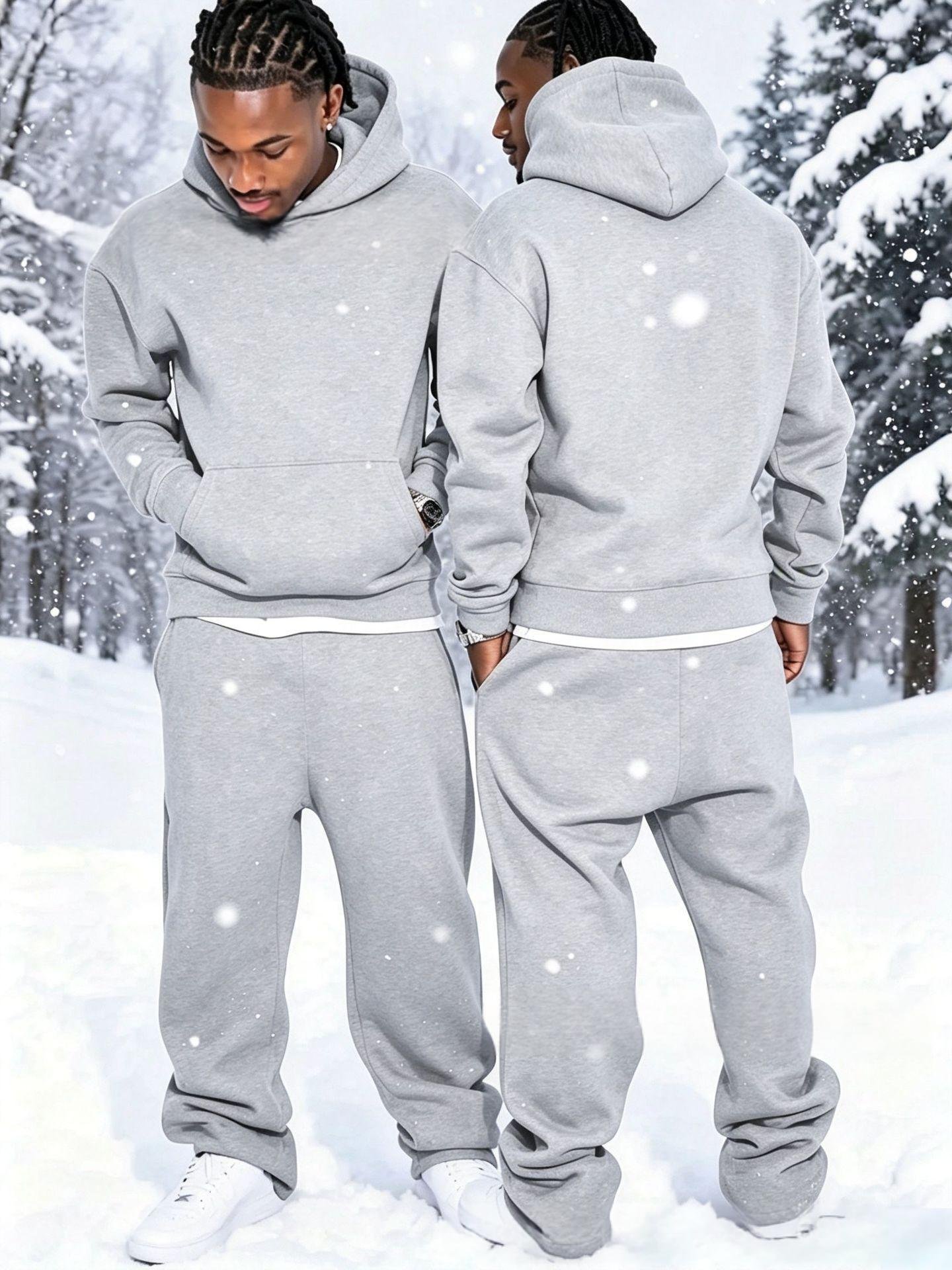 Solid-color Fleece-lined Hoodie And Wide-leg Straight-leg Pants Set - الصورة 3