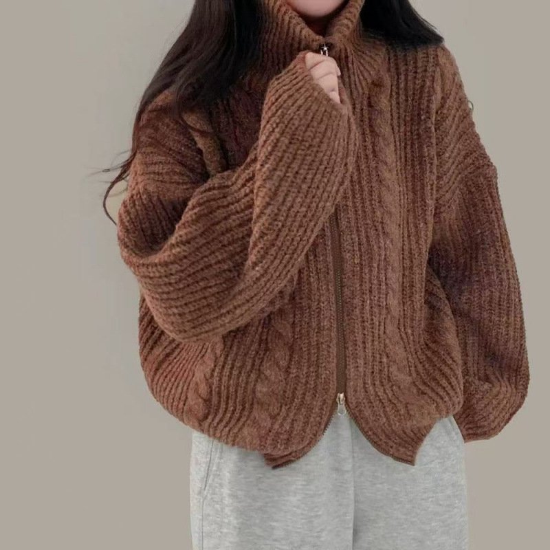 Double-zip Long-sleeve Knitted Cardigan Sweater Coat - الصورة 3