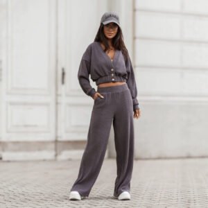 Womens Solid-color V-neck Cardigan And Wide-leg Pants Two-piece Set