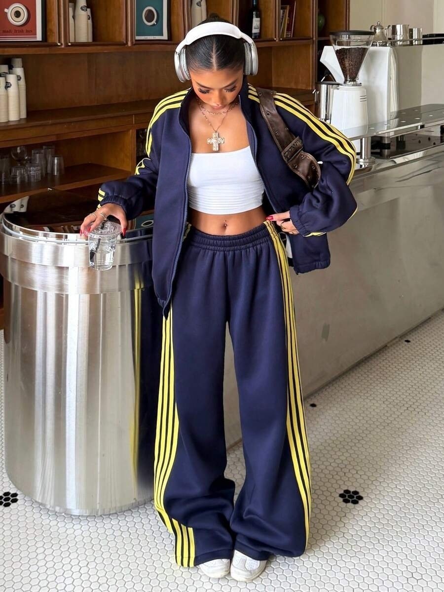Color-block Striped Jacket And Pants Womens Sportswear Set - الصورة 4