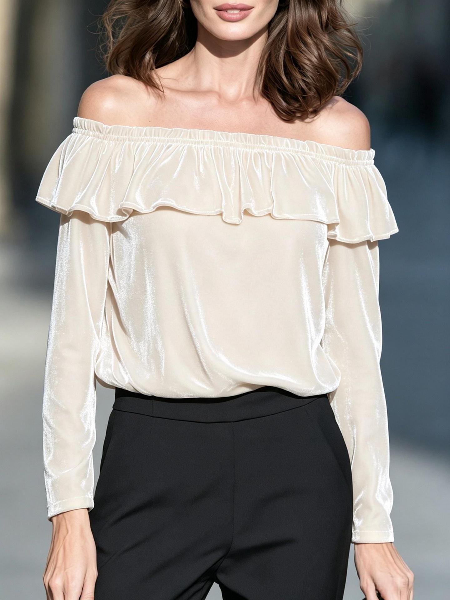New Autumnwinter Off-shoulder Velvet Long-sleeve Top With Ruffled Hem - الصورة 6