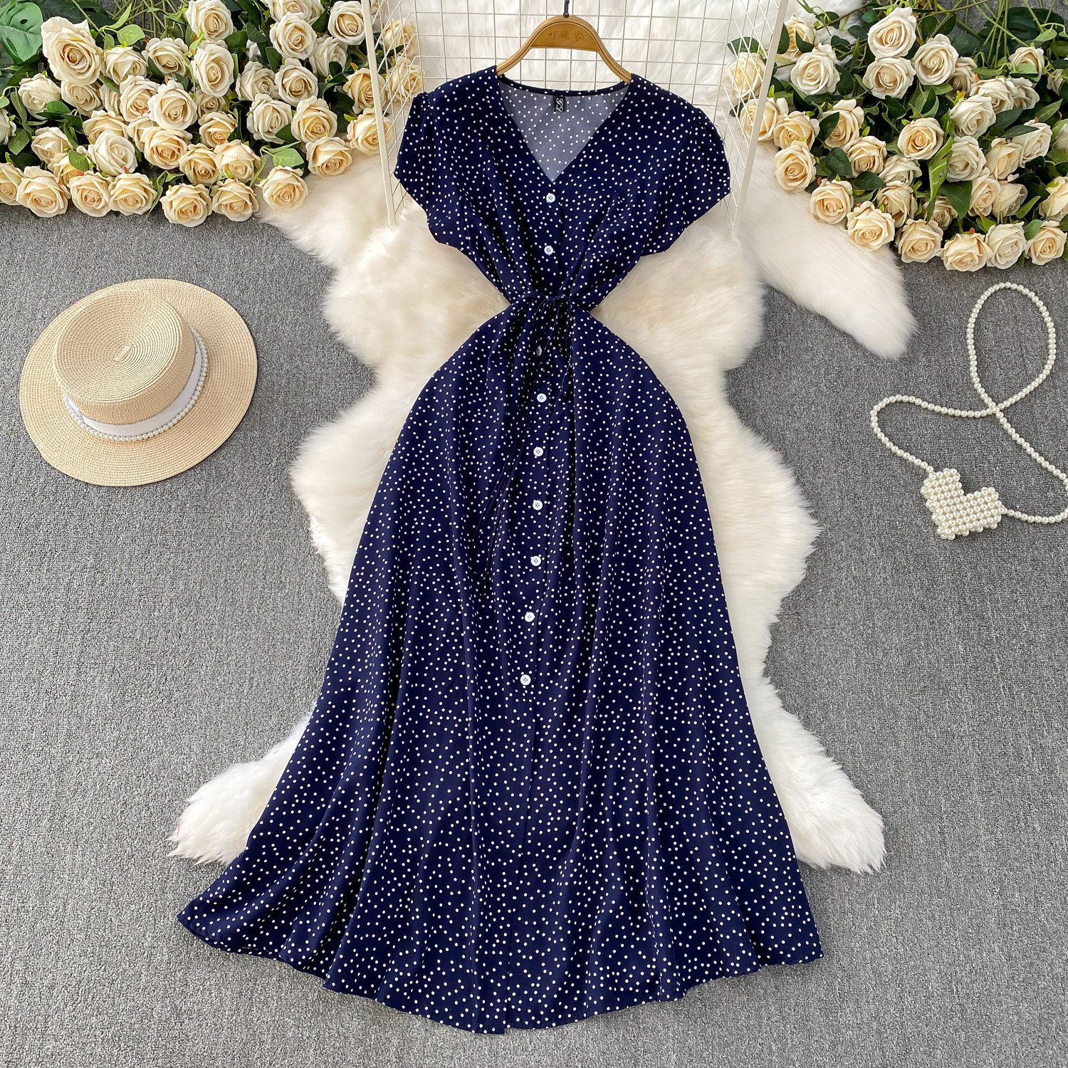Womens Solid-Color Polka-Dot V-Neck Short-Sleeve Dress - الصورة 9