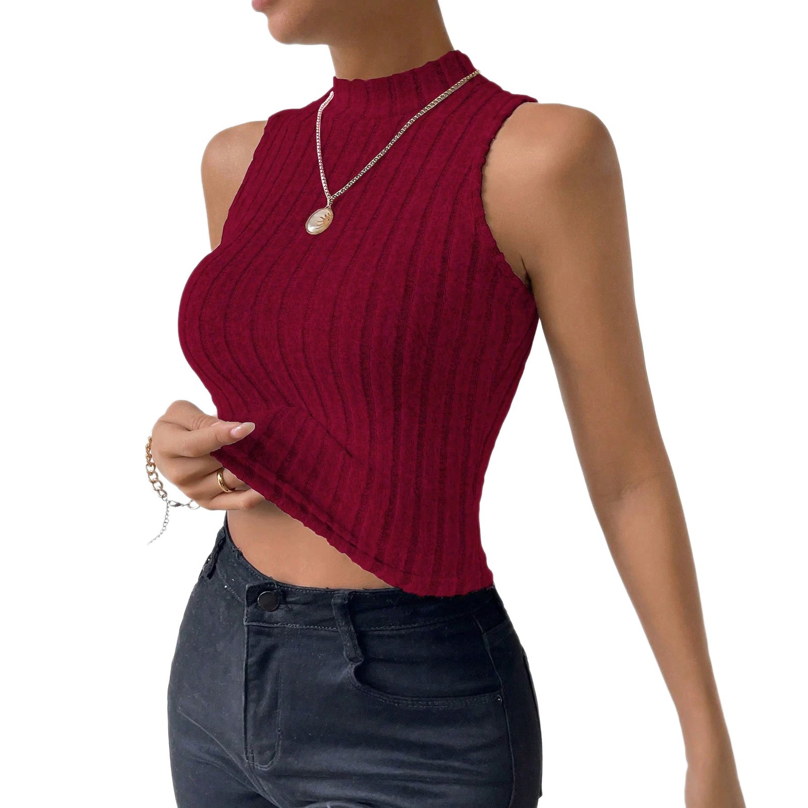 Retro Wine-red Turtleneck Sleeveless Top For Women - الصورة 2