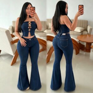 Short Slit-bustier Top And High-waisted Flared Pants Set For Women