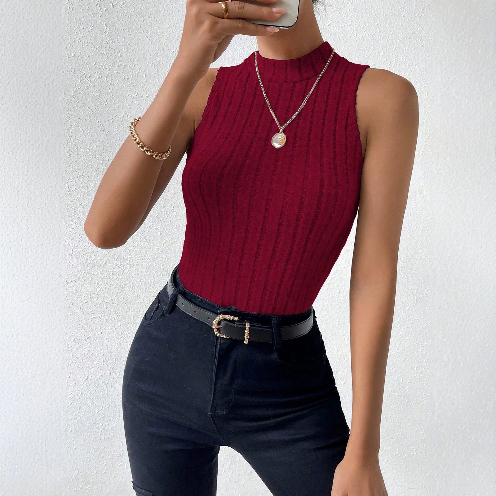 Retro Wine-red Turtleneck Sleeveless Top For Women - الصورة 3