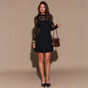 Lace-panel Dress With A Mock Neck And Long Sleeves