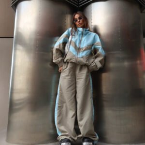 Womens Sporty Casual Two-piece Set Stand-collar Zip-up Jacket And Jogger Pants