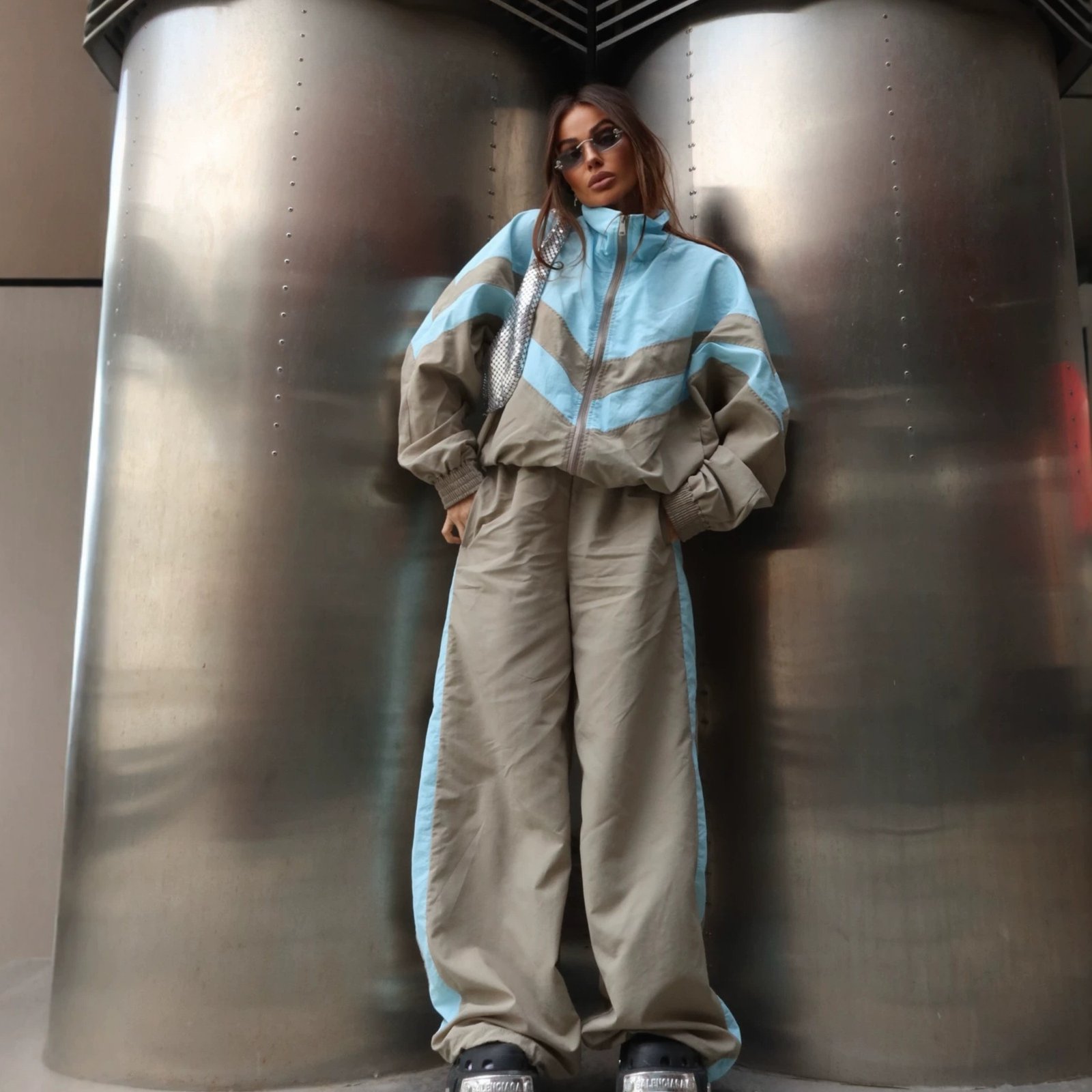 Womens Sporty Casual Two-piece Set Stand-collar Zip-up Jacket And Jogger Pants