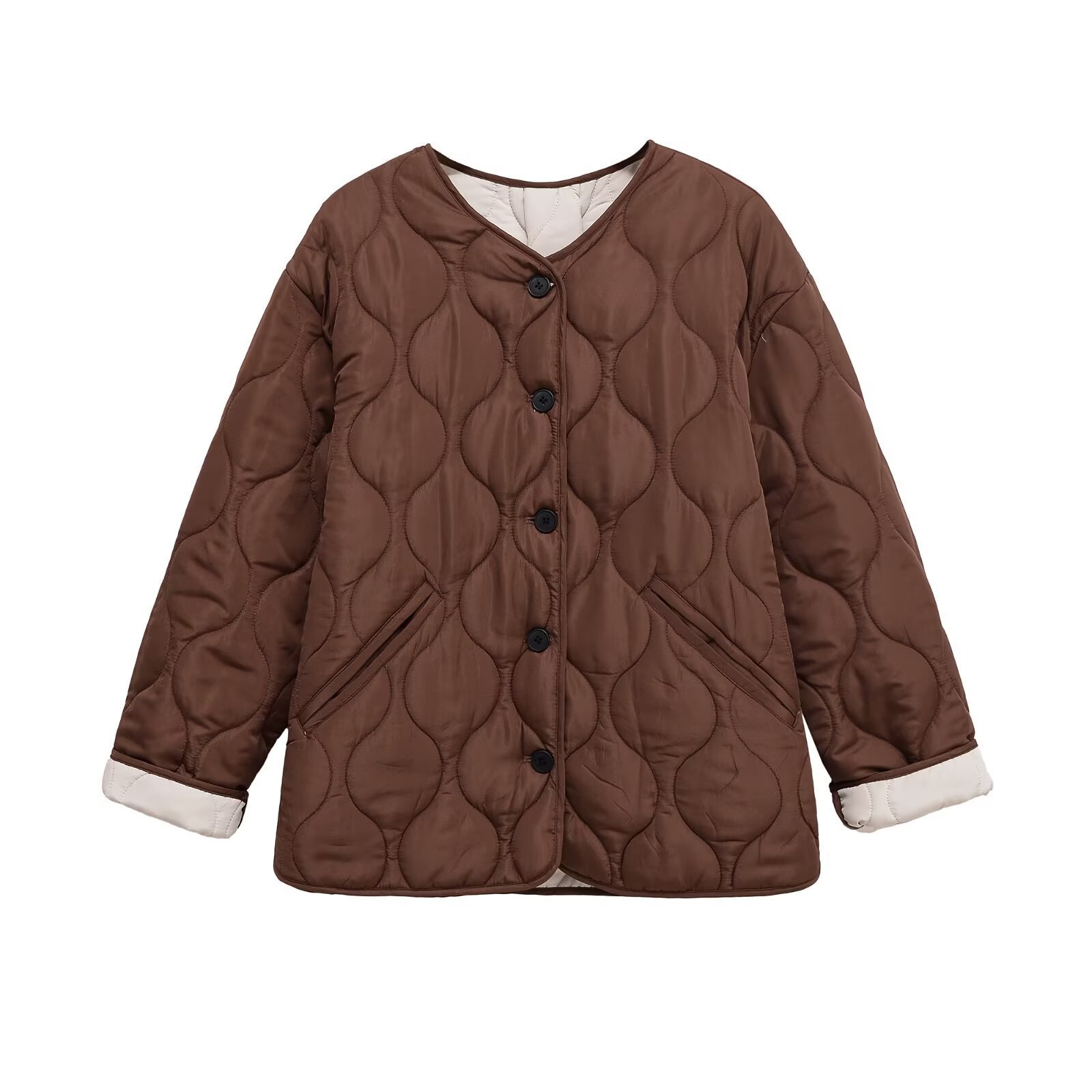 Dark Brown Crew-neck Long-sleeve Cotton Jacket - الصورة 3
