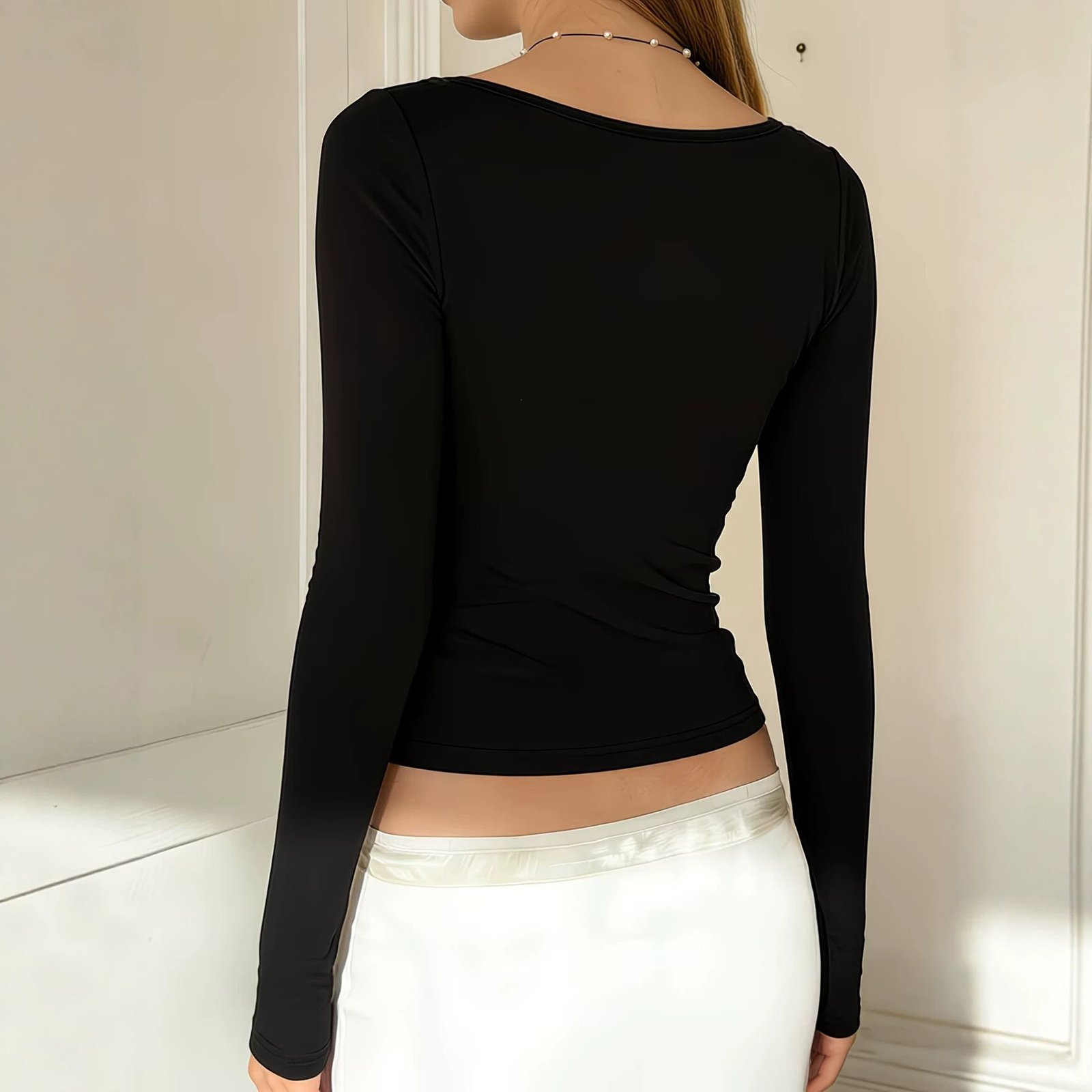 New Square-neck Contrast-color Lace-panel Long-sleeve Top - الصورة 2