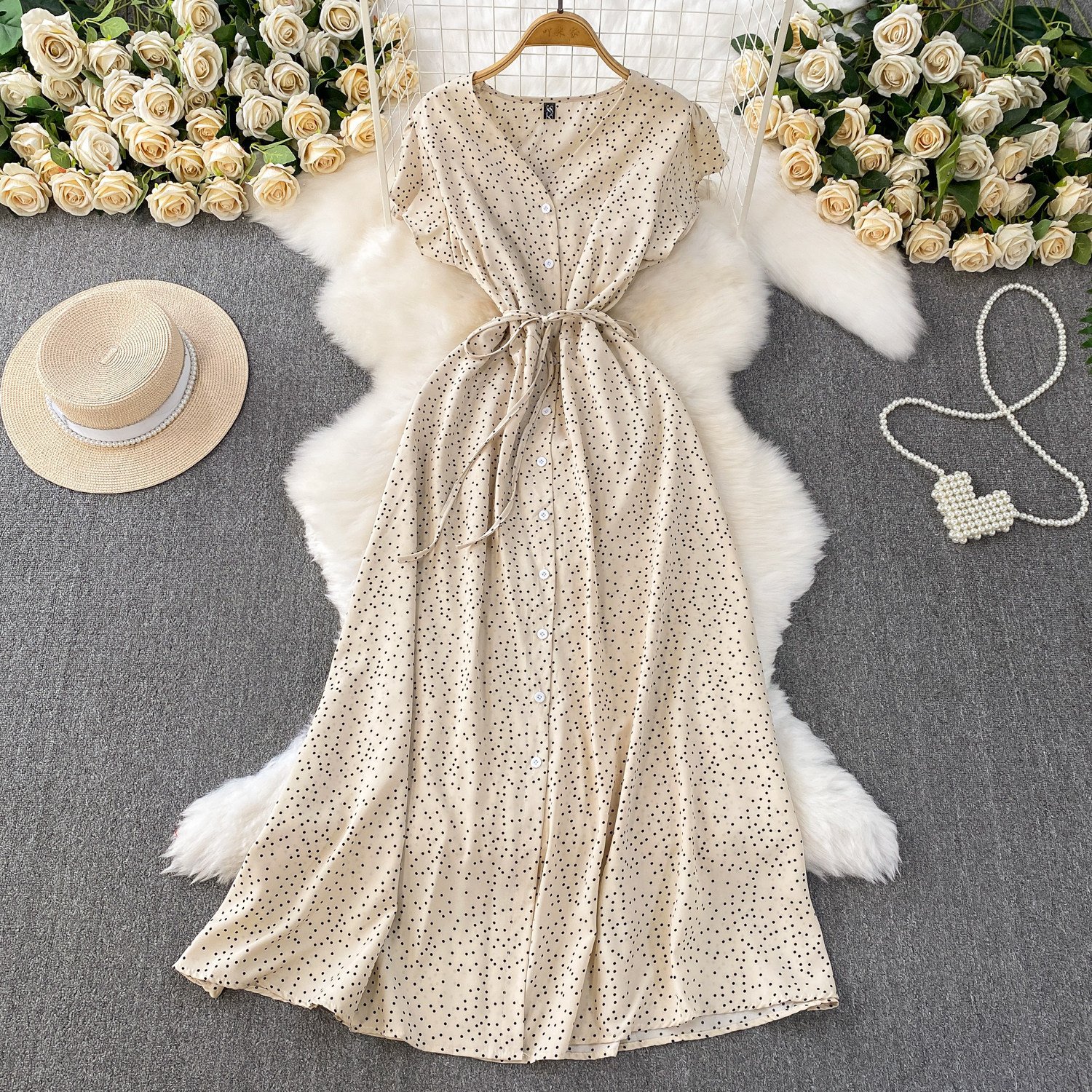 Womens Solid-Color Polka-Dot V-Neck Short-Sleeve Dress - الصورة 10